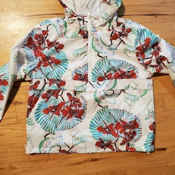 LEVI'S Tropical Hawaiian Floral Flower  White Windbreaker Hooded Jacket Size L - Picture 6 of 12